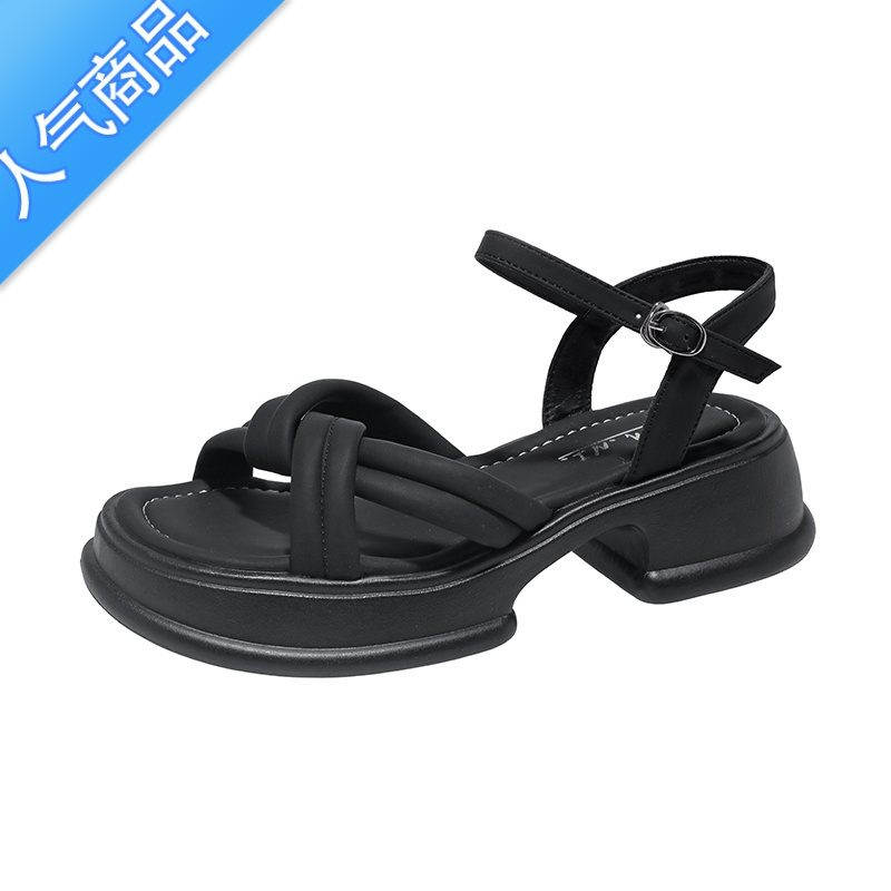 SUNTEK大码凉鞋41一43女鞋外穿胖脚宽脚鞋子女女款高跟夏季平底厚底加肥