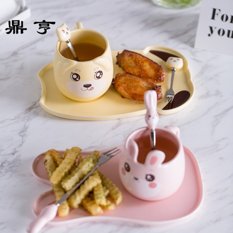 鼎亨儿童卡通陶瓷餐具马克杯水杯早餐杯牛奶杯咖啡杯盘四件套