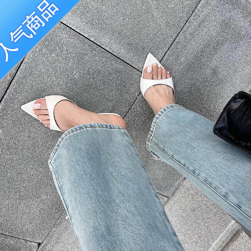 SUNTEK超火ins~显腿长！网红性感尖头高跟鞋女外穿露趾细跟一字带拖凉鞋高清大图