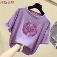 紫色短袖T恤女夏2018新款韩版宽松亮片半袖体恤刺绣chic港风上衣粉色均码