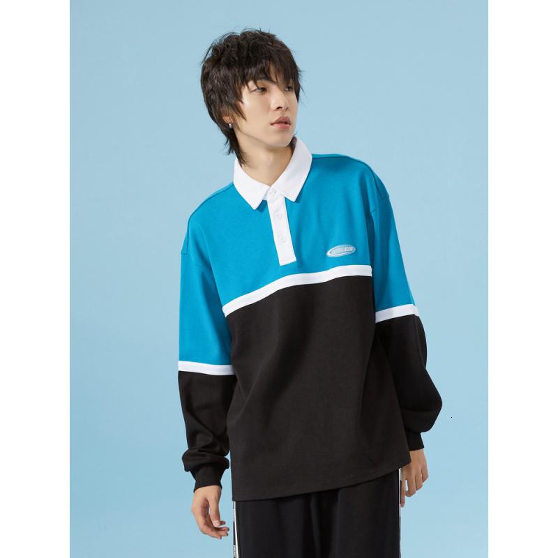 美特斯邦威撞色翻领卫衣男2020新款秋季拼接宽松潮流Polo衫衣服男高清大图