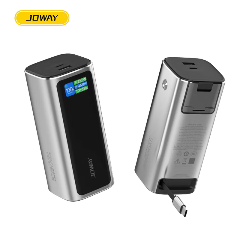 JOWAY乔威JP350【3C认证】双向快充100W充电宝自带Type-C伸缩线隐藏支架多台同充可充笔记本 银色