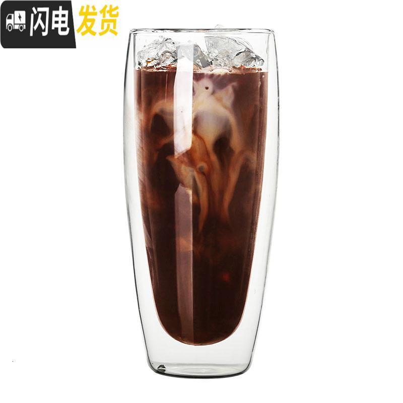 三维工匠简约双层隔热透明玻璃杯耐冷热咖啡杯创意圆形水杯果汁杯子冷饮杯 650咖啡器具高清大图