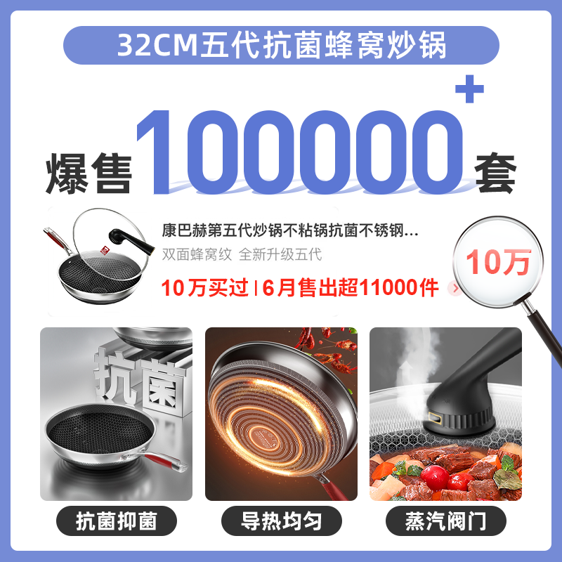 康巴赫第五代炒锅不粘锅不锈钢炒菜锅少油烟双面花纹蜂窝平底5代30cm高清大图