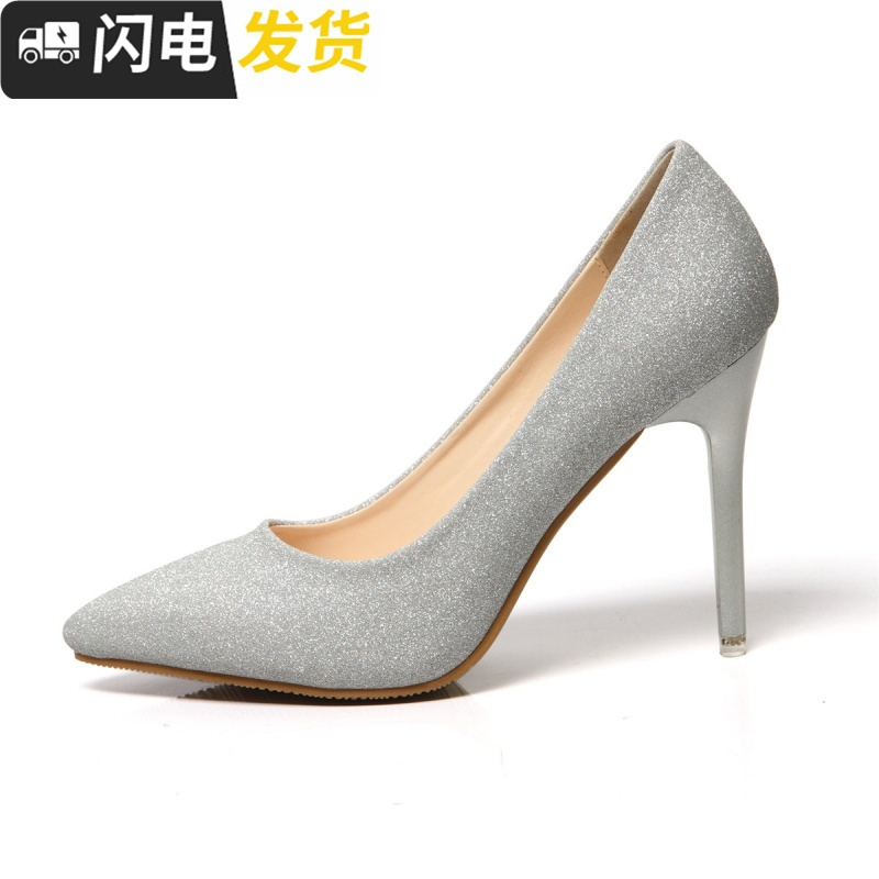 浅色高跟鞋女细跟尖头银色伴娘鞋金色浅口百搭宴会礼服婚纱照单鞋启如