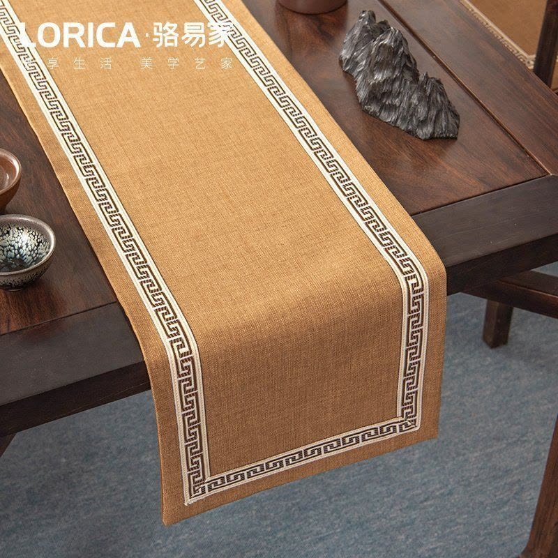 美式桌旗新中式禅意茶旗布现代简约茶几餐桌北欧电视柜布床旗定制 福延年-卡其(平角款) 33*420cm图片