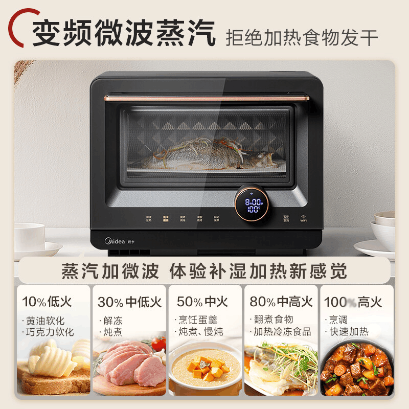 美的(Midea)微波炉 智能微蒸烤一体机 微波炉烤箱蒸箱家用多功能 燃卡变频 20L网红料理炉(PG2011W)图片