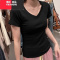 YIBUSHENG大码女装正肩短袖V领t恤女2024季新款胖mm显瘦遮肉灰色上衣