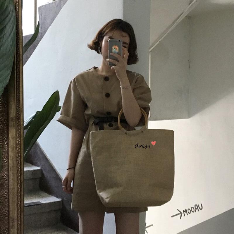 韩国鬼马系少女春夏敲显腿长单排扣连衣裙配腰带 咖色 均码