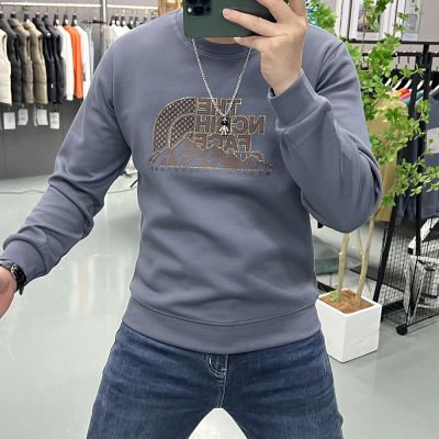 字母印花时尚修身长袖体恤打底衫烫钻圆领卫衣男士秋冬新款上衣潮_717332 【加绒加厚】W935山上字母彩虹灰色 4XL