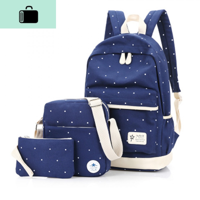 帆布双肩包女生三件套学院风大高中生旅行背包波点初中学生书包男NEWLAKE 深蓝色