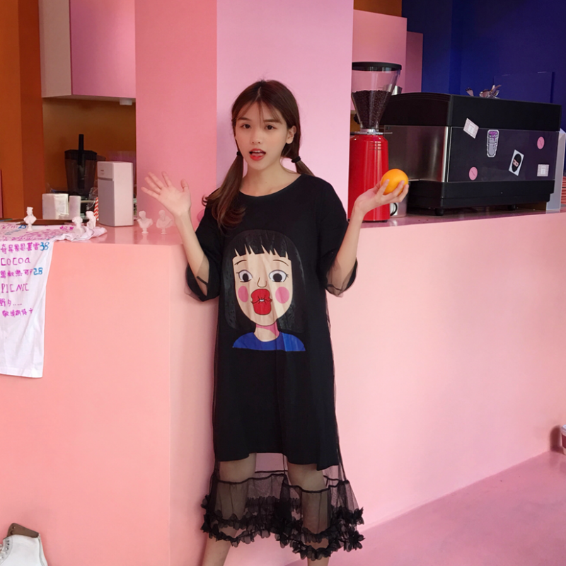 春夏女装韩版中长款假两件网纱拼接卡通短袖T恤连衣裙显瘦长裙白色均码