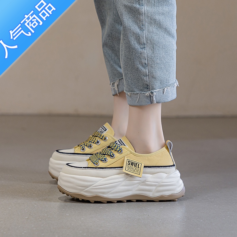 SUNTEK厚底小白鞋女2023夏季新款帆布ins潮百搭松糕鞋休闲运动板鞋高清大图