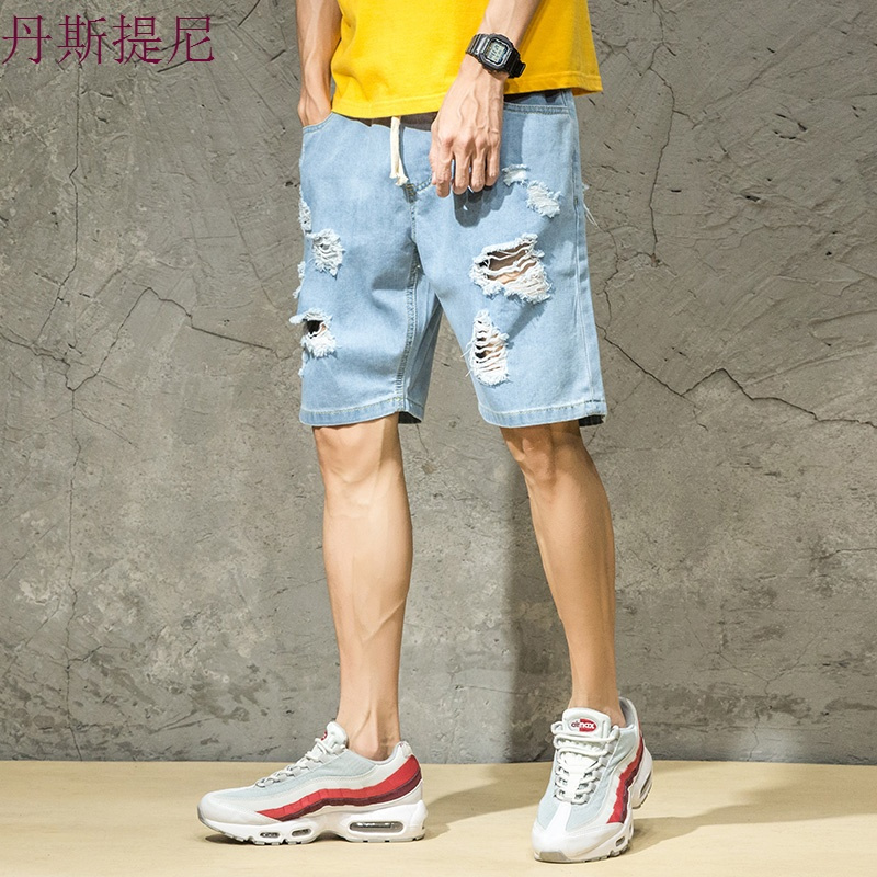 夏季破洞ins超火的牛仔短裤男日系宽松五分裤夏天薄款乞丐裤子潮