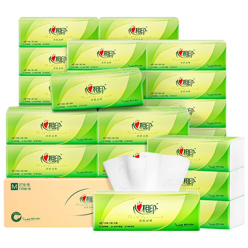 心相印 茶语丝享抽纸面巾纸M码3层110抽*27包整箱装 DT32110