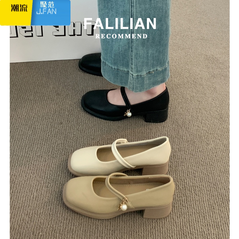 聚范法式单鞋女2024新款夏季配裙子3公分小跟鞋黑色粗跟玛丽珍小皮鞋高清大图