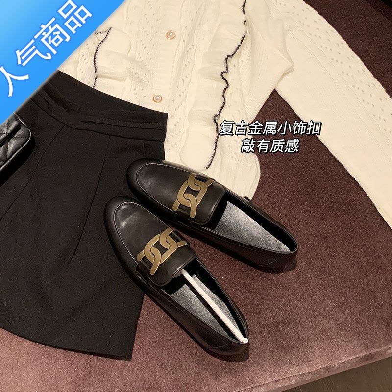 SUNTEK金属扣单鞋女鞋2023年春季复古平底乐福鞋一脚蹬小皮鞋百搭英伦风图片