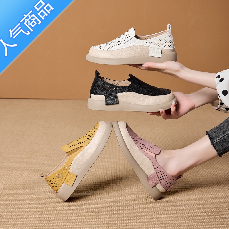 SUNTEK镂空小皮鞋女平底2023年夏新款舒适透气懒人一脚蹬乐福鞋休闲单K高清大图