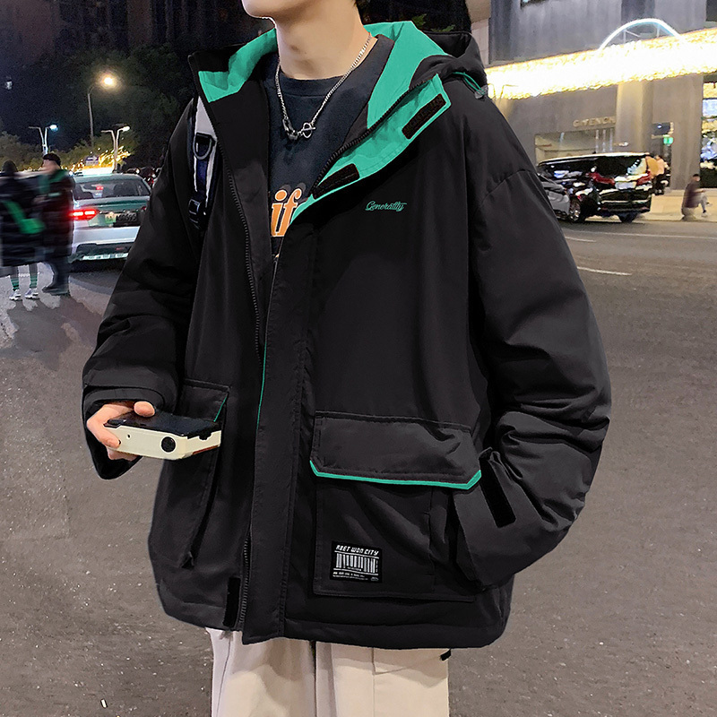 [1.5折价129元]唐狮棉服男连帽撞色工装刺绣贴标短款棉衣棉服男冬季