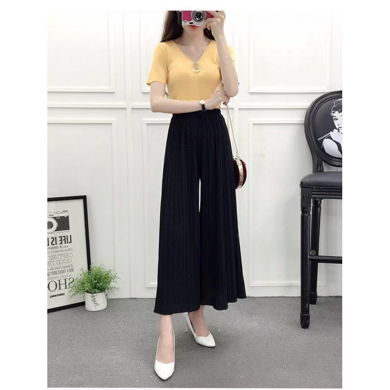 夏季韩版女装九分百褶雪纺阔腿裤女