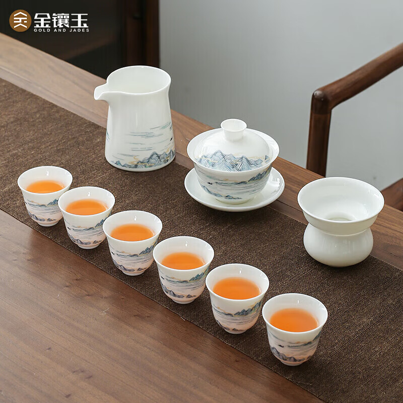 金镶玉 屹白山水套装 陶瓷茶壶茶杯羊脂玉白瓷家用茶具套装