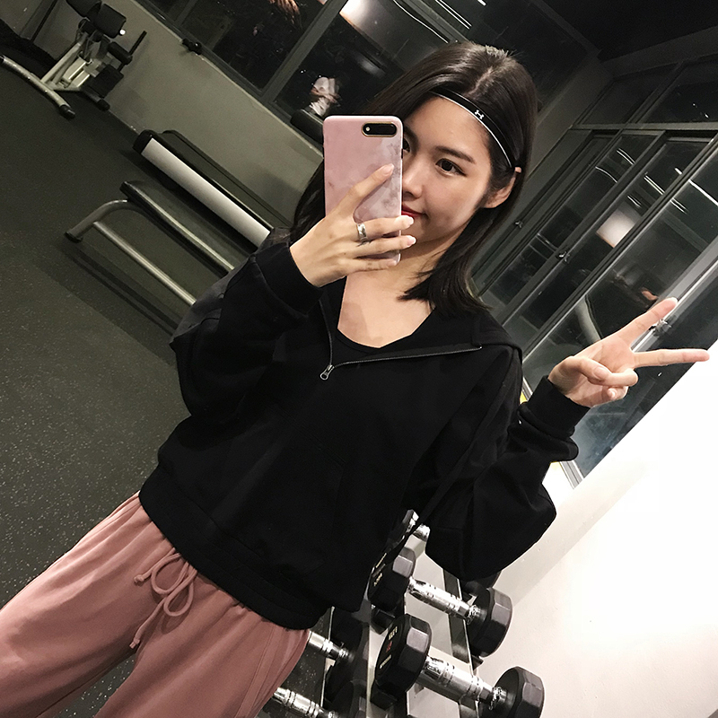运动上衣女速干长袖宽松瑜伽健身服外套连帽卫衣跑步罩衫