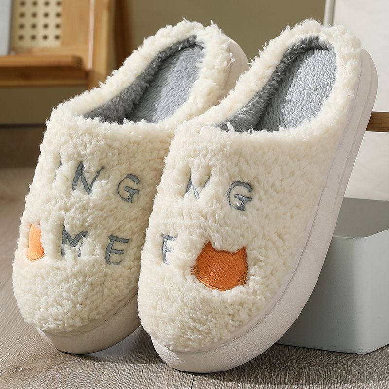 mini棉拖鞋女家居室内包跟保暖防滑加厚底情侣毛拖鞋家用秋季男白底