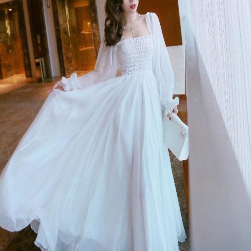 一字领裹胸修身超大摆连衣裙旅游度假松紧腰飘逸仙女长裙伴娘礼服白色