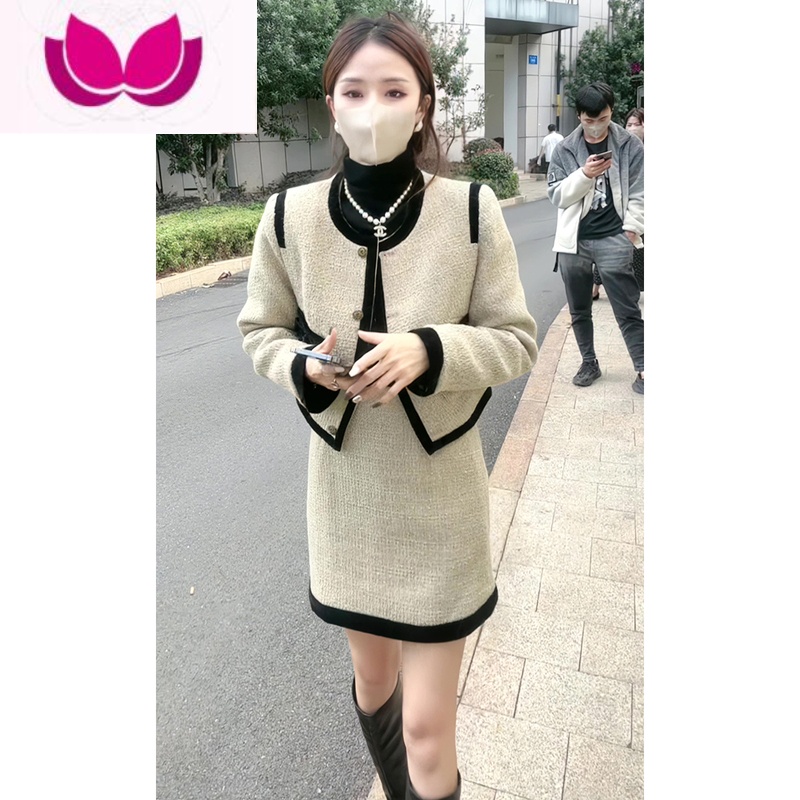 七斓小香风短款外套女加厚套装2023冬季新款时尚气质高腰半身裙套 S建议85-98斤穿 杏色套装