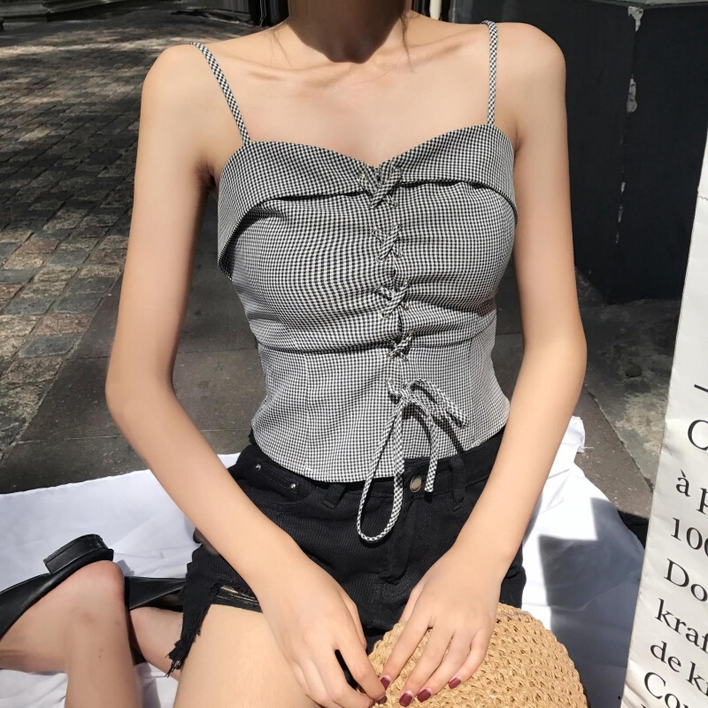 韩版绑带一字领露肩带背心小心机设计感修身短款无袖上衣女灰色