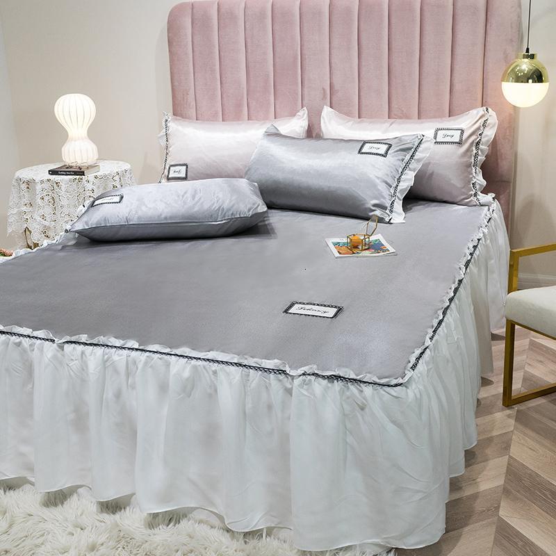 美帮汇床裙款冰丝凉席三件套夏季1.8m可水洗机洗折叠空调席1.5米2软席子 蒂芙尼-银灰 1.5m（5英尺）床