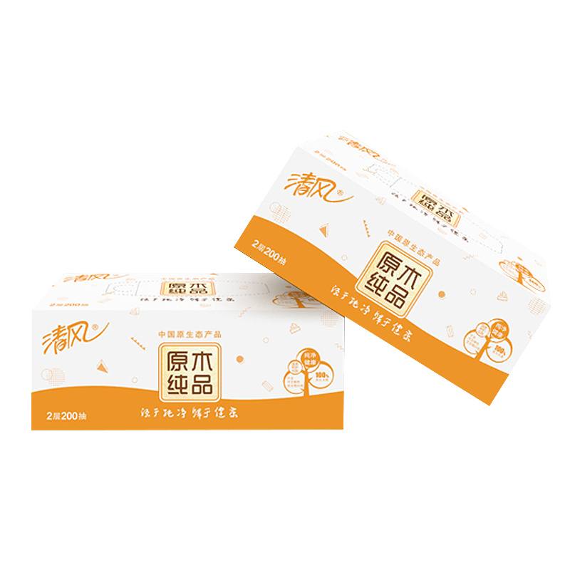 清风抽纸原木纯品盒装面巾纸餐巾纸双层 200抽/盒 3盒/提(新老包装随机发货)