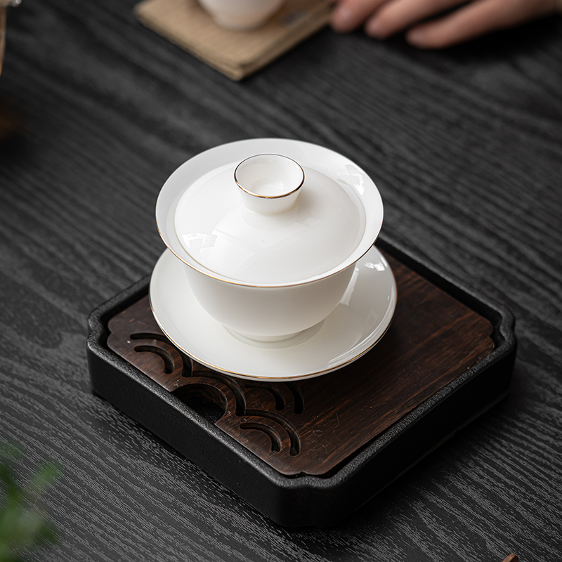 苏氏陶瓷(SUSHI CERAMICS)羊脂玉描金三才盖碗功夫茶具泡茶碗带两杯