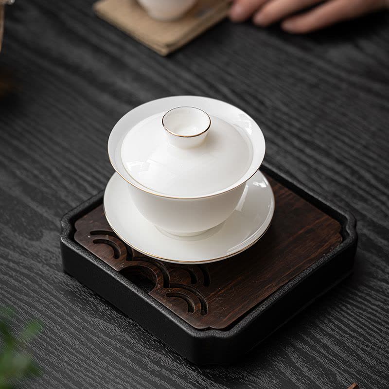 苏氏陶瓷(SUSHI CERAMICS)羊脂玉描金三才盖碗功夫茶具泡茶碗带两杯图片