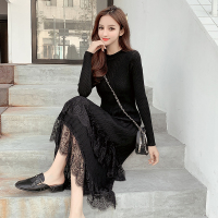 无畏衣衣2020新款女冬季女士针织衫裙韩版纯色蕾丝针织连衣裙中长款毛衣裙过膝裙子