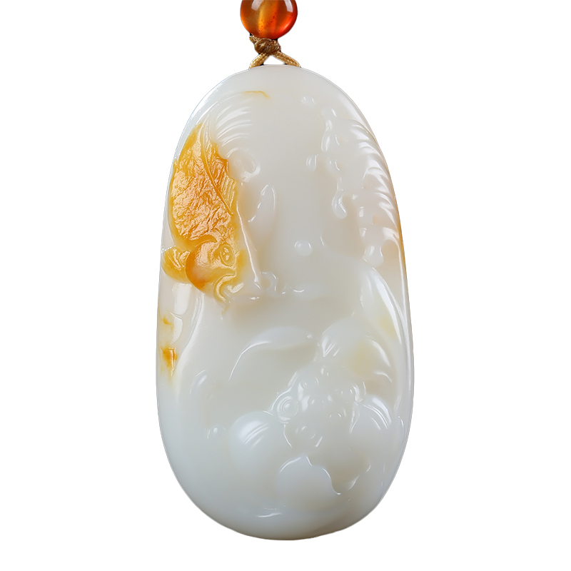 连年有余新疆和田玉吊坠玉坠白玉莲花鲤鱼玉石挂件玉佩山流水