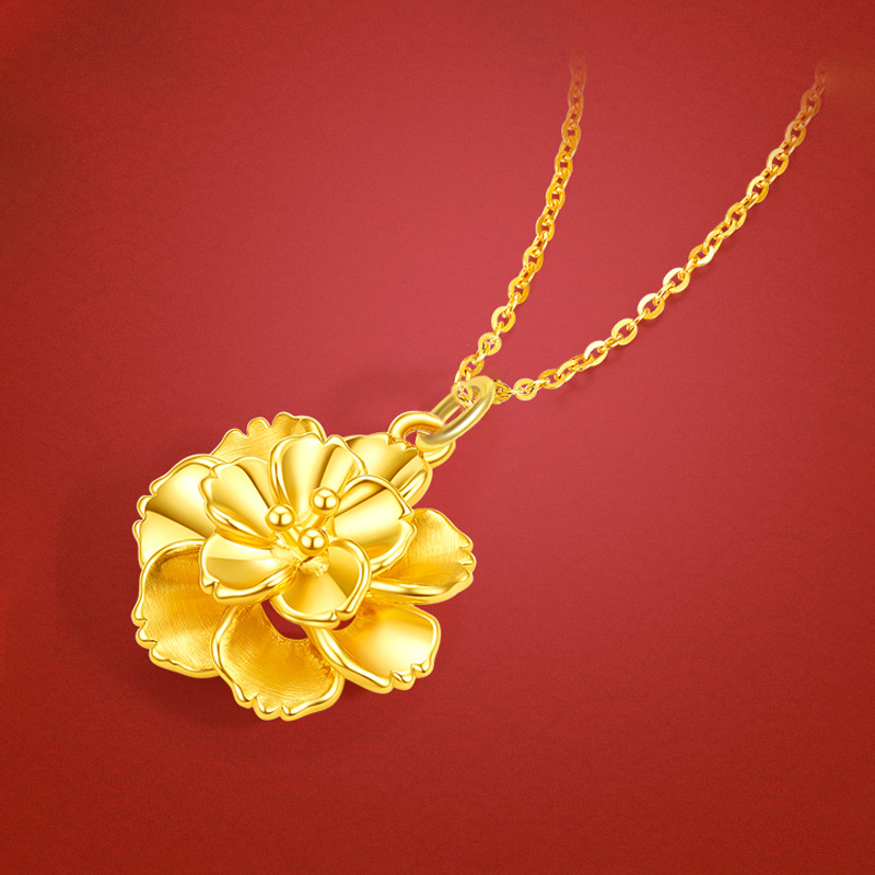 gzuan古钻珠宝牡丹花黄金大花送妈妈礼物黄金吊坠赠s925银镀金项链yjd