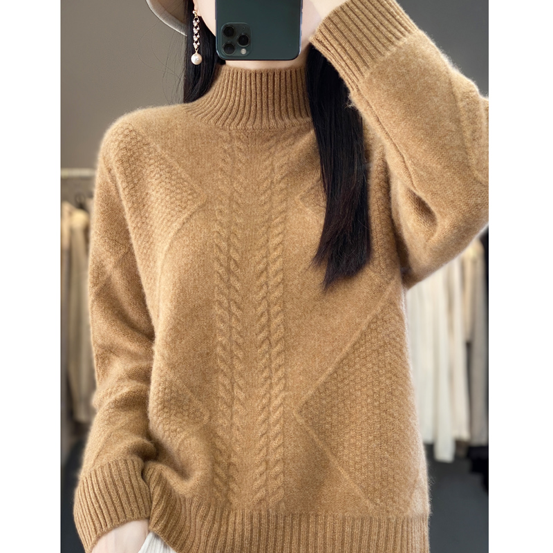 鄂尔多斯羊绒衫女士毛衣加厚半高领羊绒衫女秋冬100%纯山羊绒毛衣新款宽松打底七针加厚羊毛衫女100纯羊毛秋冬麻花毛衣 pd152金驼色 3XL