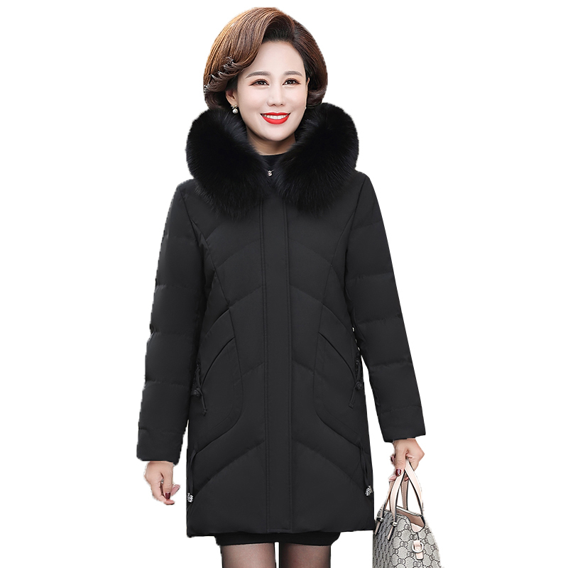 女士羽绒服女中长款加厚中老年女装妈妈保暖宽松白鸭绒防寒服外套视频
