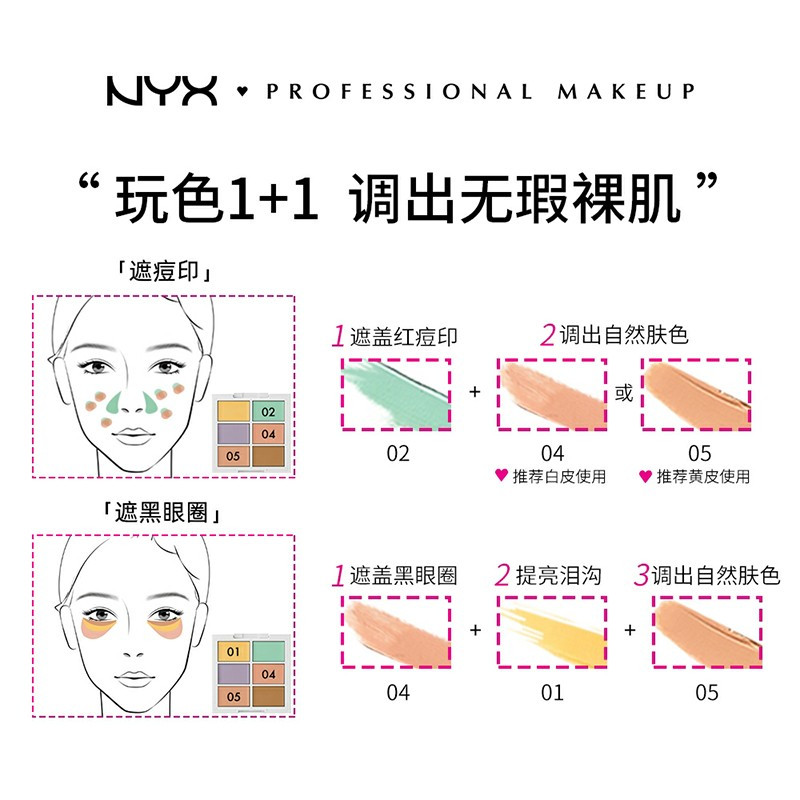 NYX6色遮瑕盘 高光修容遮盖痘印黑眼圈斑点提亮修容一盘搞定 9g