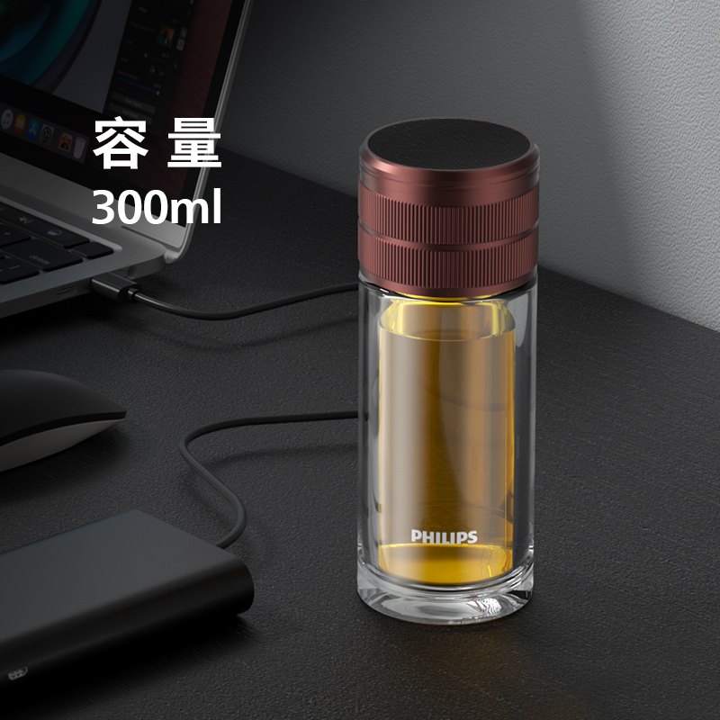 飞利浦双层玻璃杯男士高档泡茶车载水杯隔热家用茶杯透明杯子 拉利红