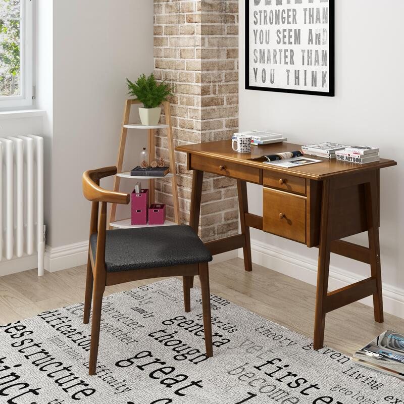 实木书桌 北欧实木书桌简约办公桌带抽屉小户型家用写字台 1200*600_胡桃色+书椅