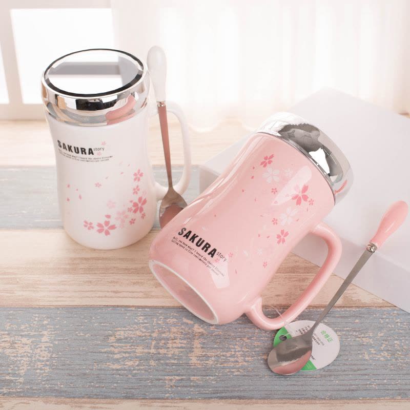 家柏饰(CORATED)茶杯少女心马克杯子带盖勺办公室女水杯陶瓷家用早餐牛奶咖啡杯图片