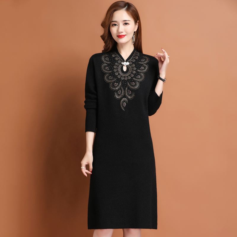 加厚新中式国风改良旗袍包臀长裙子女春秋大码收腰针织打底羊绒连衣裙红色旗袍裙气质长款复古高级感敬酒服连衣裙 901黑色 2XL
