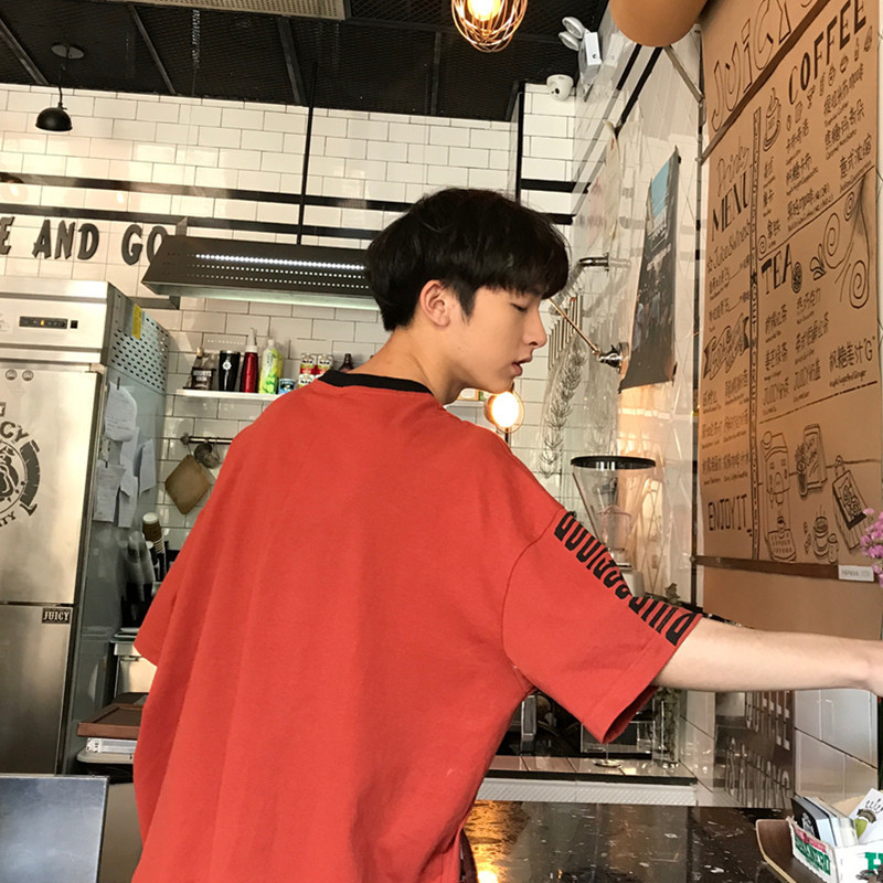 夏季男士短袖T恤圆领情侣衣服韩版帅气体恤夏装上衣帅气外套红色