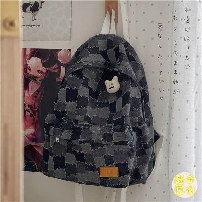 日系ins学院风少女学生书包女韩版高中大容量背包复古格子双肩包 灰色乞丐布(无挂件无徽章) 收藏店铺 送礼物 优先发货