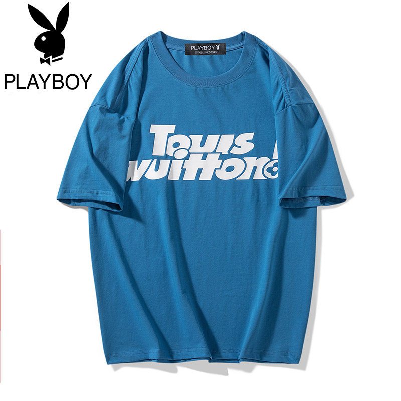 花花公子大码夏季男士圆领短袖字母印花休闲T恤潮牌潮流体恤宽松