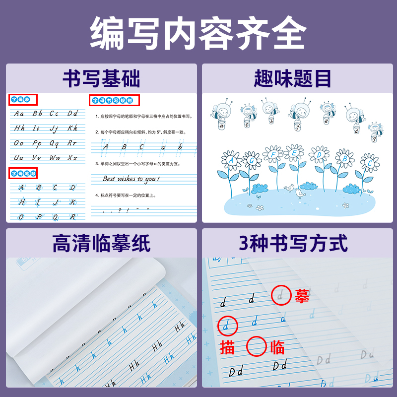 [4年级下册]字母+英语同步 [正版]英语字帖意大利斜体小学生26个英文字母三年级四年级下册单词描红练字帖五年级六年级上高清大图