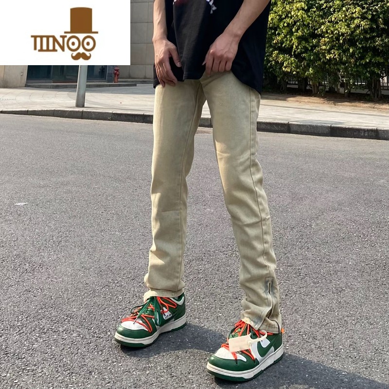 YANXU欧美高街vibe做旧黄泥染牛仔裤男裤脚拉链开叉嘻哈直筒修身裤子潮高清大图