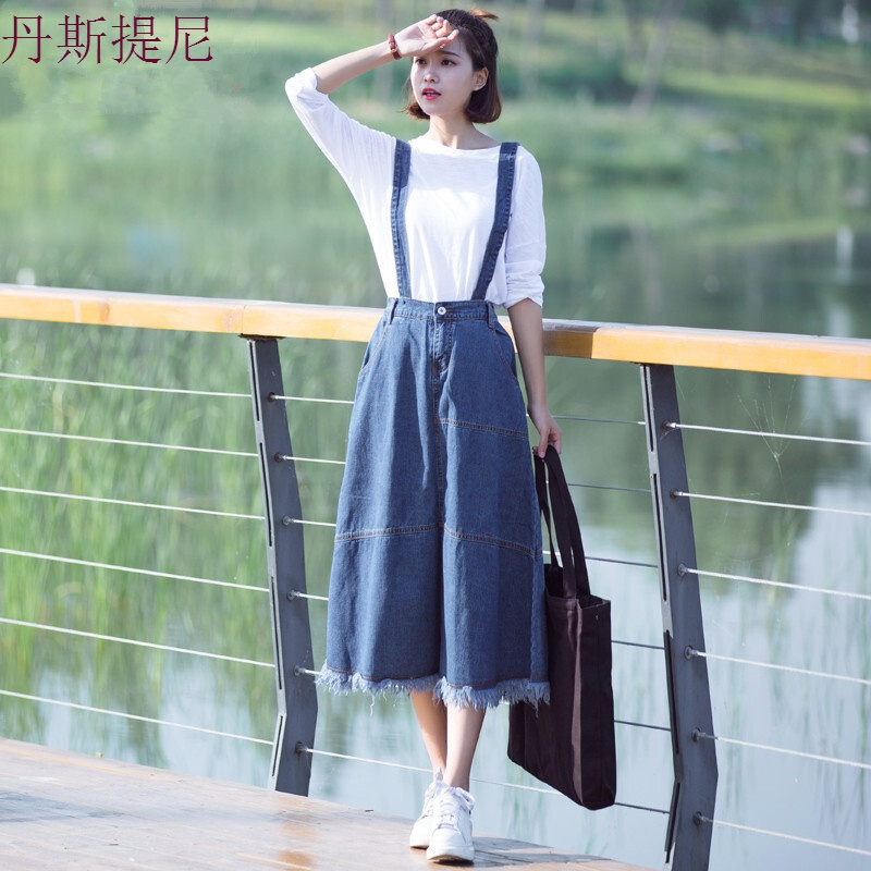 牛仔背带裙2018春夏韩版初恋带连衣裙子中长款半身裙女学生 牛仔蓝 S